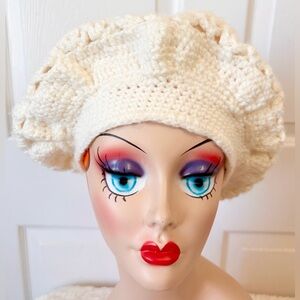 Vintage Hand Crochet Cotton Ivory Cream Beret Hat